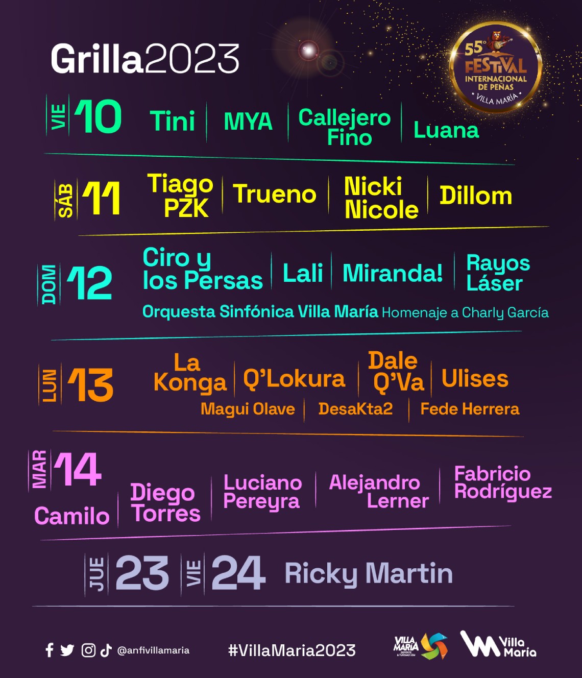 Grilla de artistas del Festival Villa María 2023